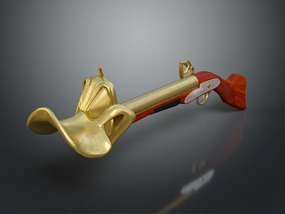 Antique Flintlock Weapon Featuring Golden Metal Parts And Red Wooden Stock 3d model