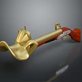 Antique Flintlock Weapon Featuring Golden Metal Parts And Red Wooden Stock