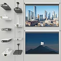 Wall Mounted Projection Monitoring Equipment With Dual Screens Displaying Cityscape And Mountain View