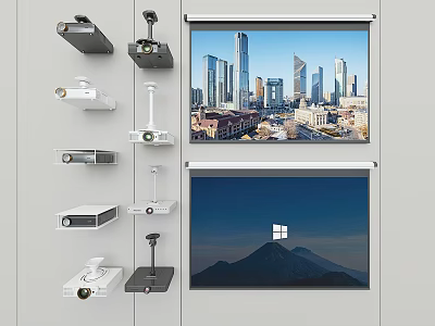 Wall Mounted Projection Monitoring Equipment With Dual Screens Displaying Cityscape And Mountain View 3d model