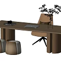 Modern Wooden Desk With Laptop Black Decorative Item Potted Plant Brown Chair And Round Stools
