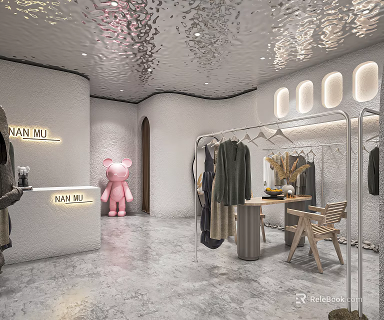 NAN MIU Clothing Store Featuring Pink Bear White Walls Clothes Hangers And Shiny Ceiling 3d model 