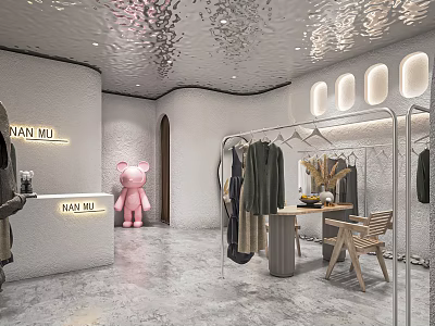 NAN MIU Clothing Store Featuring Pink Bear White Walls Clothes Hangers And Shiny Ceiling 3d model