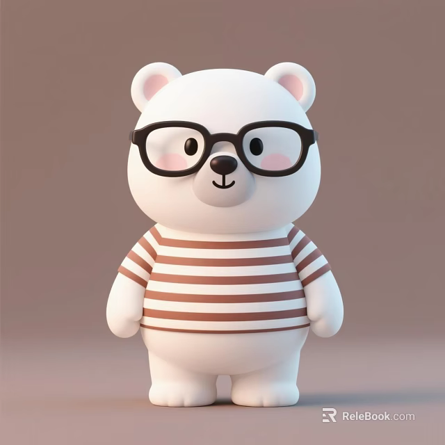 Cute White Plush Bear Toy Wearing Black Glasses in Brown White Striped Shirt 3d model 