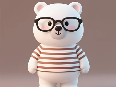 Cute White Plush Bear Toy Wearing Black Glasses in Brown White Striped Shirt 3d model