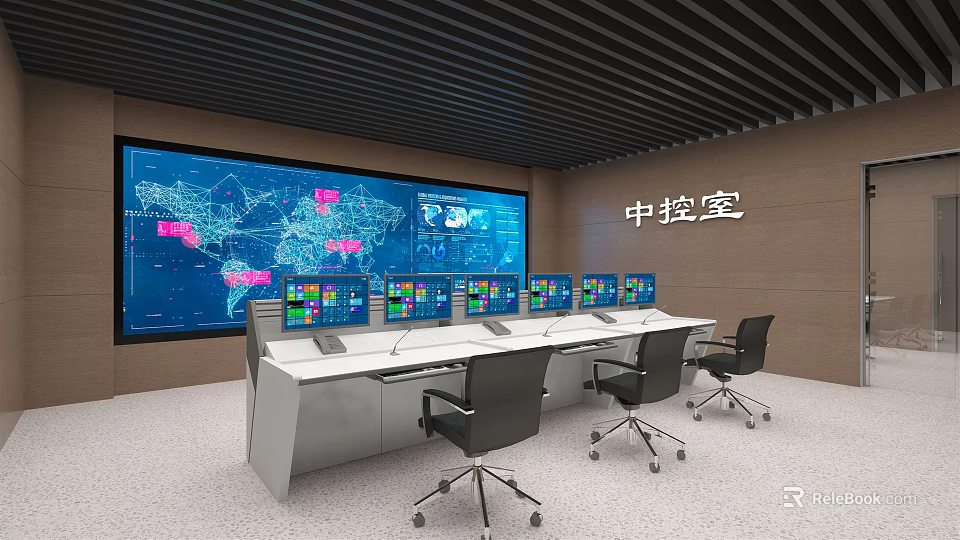 Central Control Room Modern Interior With Large Screen World Map Data And Multiple Computer Monitors 3d model 