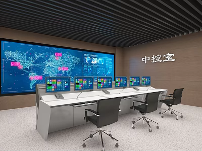 Central Control Room Modern Interior With Large Screen World Map Data And Multiple Computer Monitors 3d model