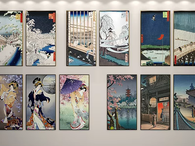Ukiyo e Style Landscape Paintings Featuring Snow Scenes Bridges Cherry Blossoms And Pagodas 3d model