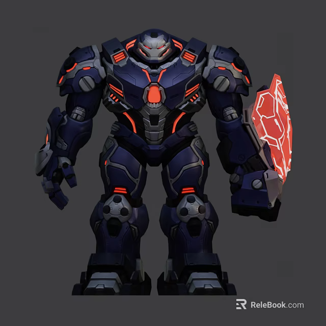 Game Movie Mecha Character in Dark Blue Armor with Red Glowing Details and Weapon Shield 3d model 