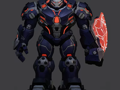 Game Movie Mecha Character in Dark Blue Armor with Red Glowing Details and Weapon Shield 3d model