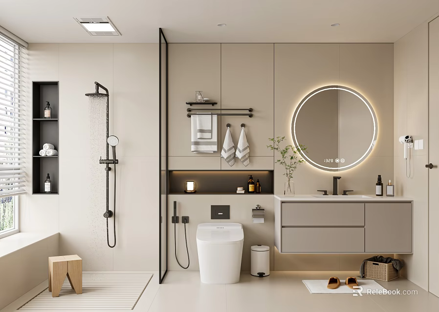 Modern Bathroom Interior Design With Round LED Mirror Shower Area Vanity Storage Cabinets And Plants 3d model 