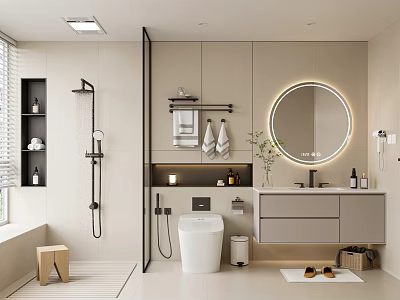 Modern Bathroom Interior Design With Round LED Mirror Shower Area Vanity Storage Cabinets And Plants 3d model