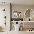 Modern Bathroom Interior Design With Round LED Mirror Shower Area Vanity Storage Cabinets And Plants
