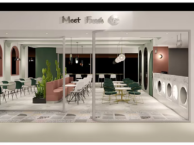 Modern Dessert Shop Interior With Green Pink Accents Chic Tables Chairs And Pendant Lights 3d model