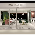 Modern Dessert Shop Interior With Green Pink Accents Chic Tables Chairs And Pendant Lights