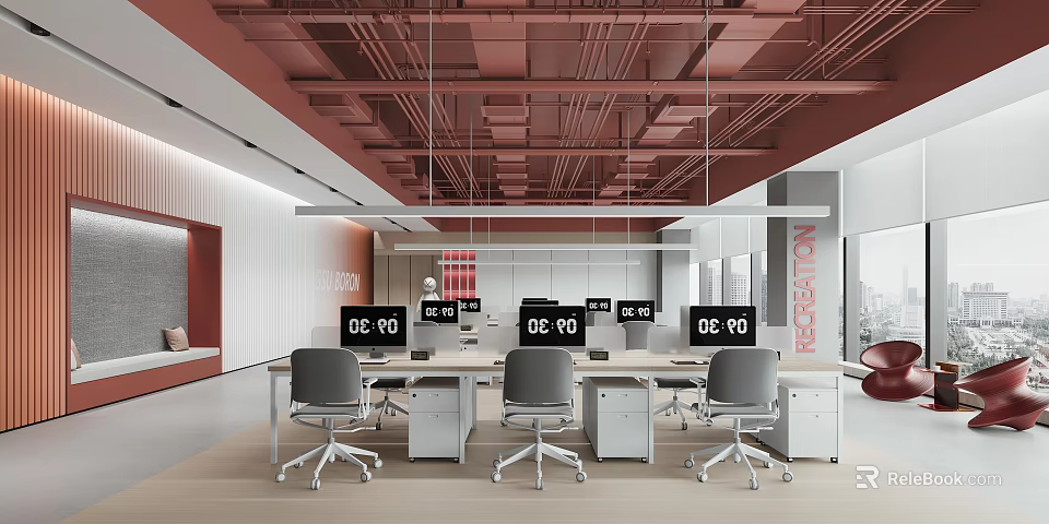 Modern Public Office Space Interior With Desks Chairs And Red Ceiling Structure 3d model