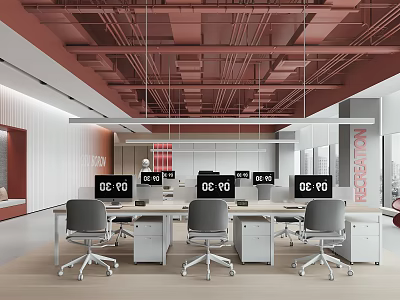 Modern Public Office Space Interior With Desks Chairs And Red Ceiling Structure 3d model