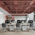 Modern Public Office Space Interior With Desks Chairs And Red Ceiling Structure 3d model