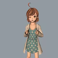 Cartoon Girl Character With Brown Short Hair Blue Polka Dot Dress Beige Cardigan Brown Sandals
