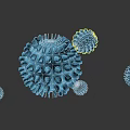 Blue Viral Particles Of Various Sizes With Spiked Structures On Dark Background