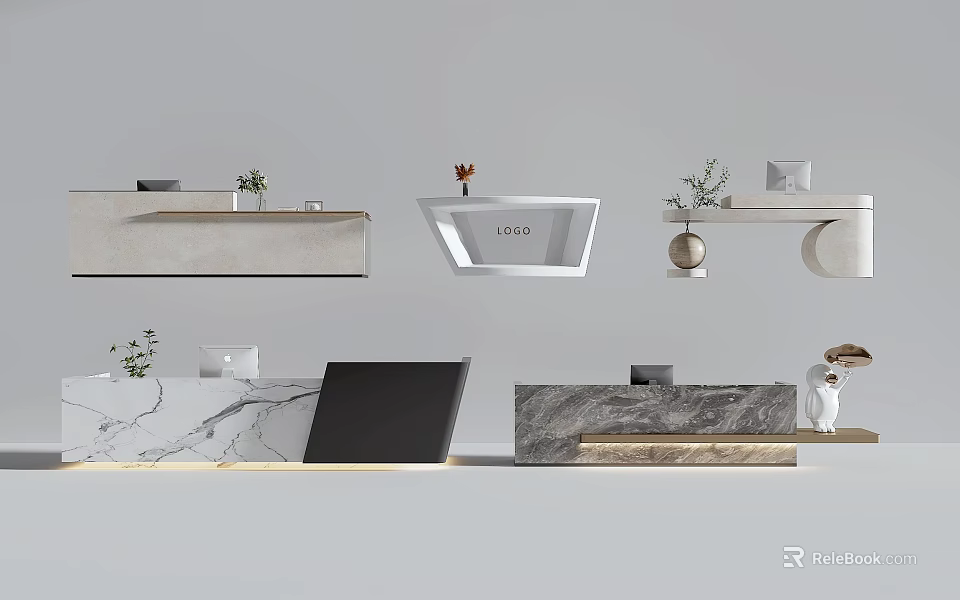 Elegant Hotel Lobby Interior Design With Modern Marble Reception Desk And Green Plants 3d model 