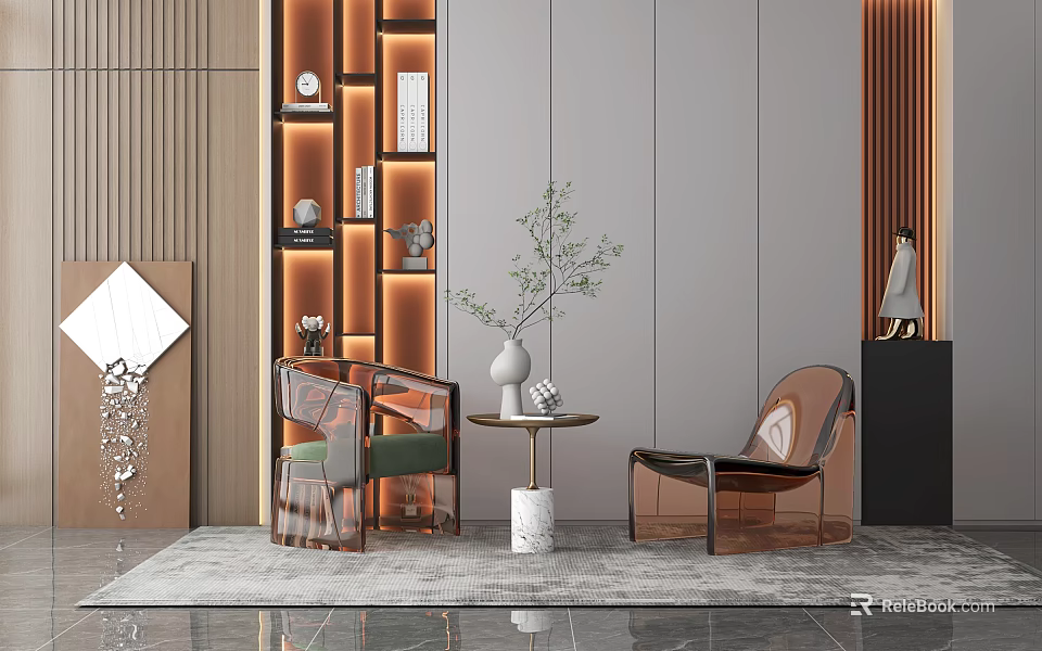 Elegant Modern Living Room Table And Chair Set With Glass Metal Frame Brown Green Armchairs 3d model 