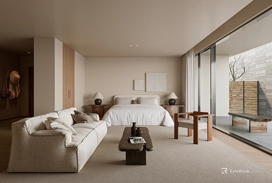 Modern Minimalist Hotel Room Interior With Sofa Bed Coffee Table And Floor to Ceiling Windows 3d model 