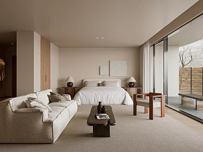 Modern Minimalist Hotel Room Interior With Sofa Bed Coffee Table And Floor to Ceiling Windows 3d model