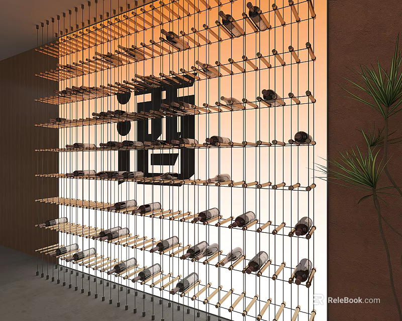 Elegant Wine Rack Interior With Hanging Bottles And Glasses On Wooden Wall And Plant 3d model 