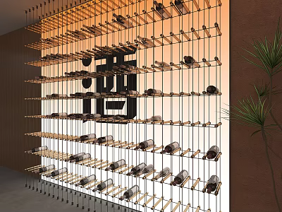 Elegant Wine Rack Interior With Hanging Bottles And Glasses On Wooden Wall And Plant 3d model
