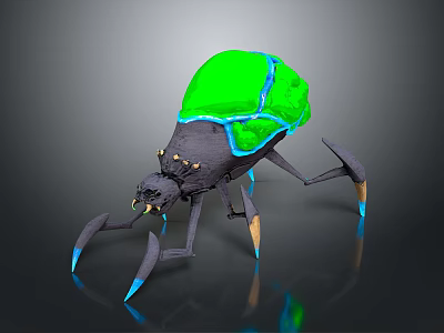 3D Sci Fi Creature With Green Carapace Blue Glowing Lines And Long Spiked Legs 3d model