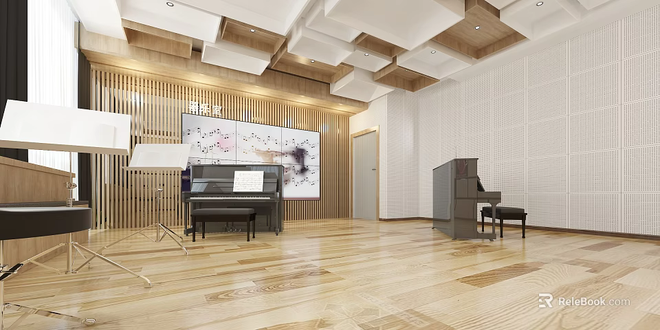 Book Art Design of Music Classroom With Pianos Score Stand and Note Painting 3d model 
