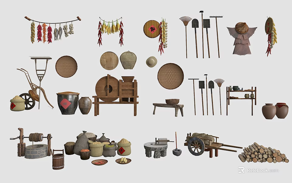 Vintage Industrial Equipment Collection With Hoes Sickles Stone Mills And Wheelbarrows 3d model 
