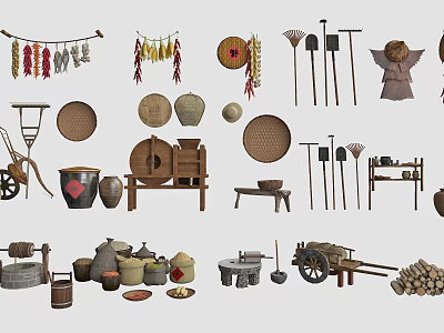 Vintage Industrial Equipment Collection With Hoes Sickles Stone Mills And Wheelbarrows 3d model