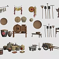 Vintage Industrial Equipment Collection With Hoes Sickles Stone Mills And Wheelbarrows