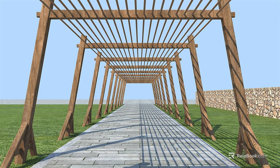 Wooden Pergola Structure With Stone Pathway Green Grass And Stone Wall 3d model 