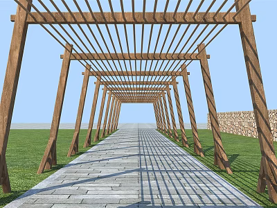 Wooden Pergola Structure With Stone Pathway Green Grass And Stone Wall 3d model