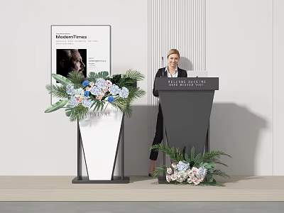 Elegant Podium Setup With Classic Fitness Display Board Floral Arrangement And White Vertical Striped Wall 3d model