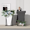 Elegant Podium Setup With Classic Fitness Display Board Floral Arrangement And White Vertical Striped Wall