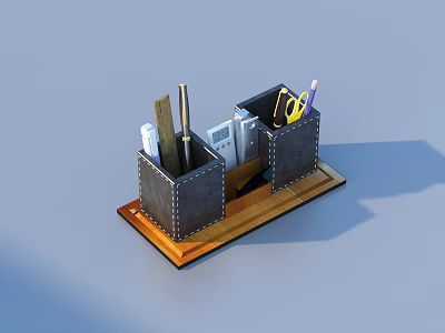 Practical Office Stationery Organizer With Wooden Base And Storage Compartments 3d model