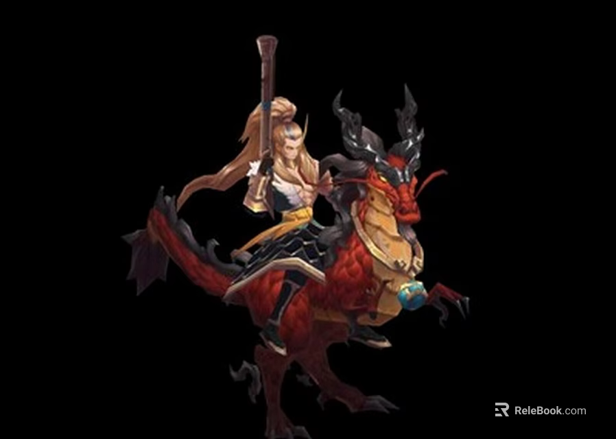 Game Movie Character Riding Red Dragon With Long Staff And Yellow Black Outfit 3d model 