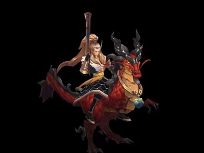 Game Movie Character Riding Red Dragon With Long Staff And Yellow Black Outfit 3d model