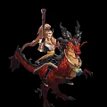 Game Movie Character Riding Red Dragon With Long Staff And Yellow Black Outfit