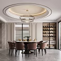 Elegant Modern Restaurant Interior With Round Dining Table Chandelier Circular Ceiling And Light Walls 3d model
