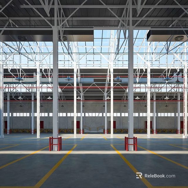 Spacious Industrial Warehouse Interior With Steel Structure Glass Roof High Ceiling And Red Barriers 3d model 