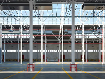 Spacious Industrial Warehouse Interior With Steel Structure Glass Roof High Ceiling And Red Barriers 3d model