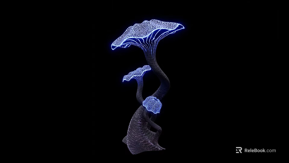 Glowing Blue Flower Shaped Plants Against Black Background With Intricate Details 3d model 