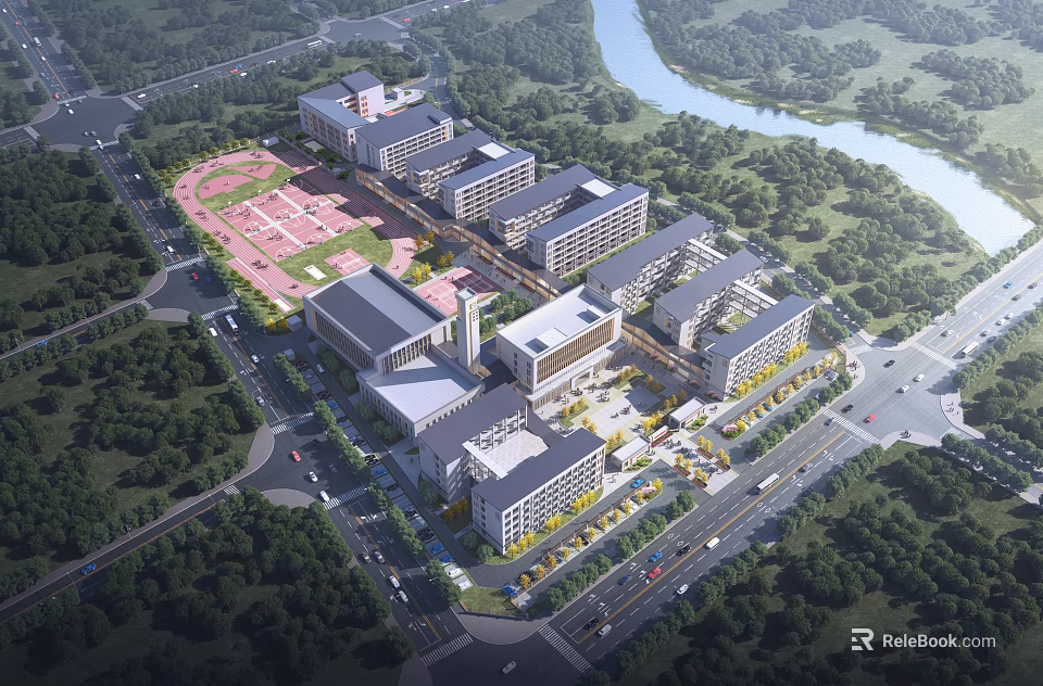 Scenic School Campus Buildings With Greenery River Sports Field And Roads 3d model 