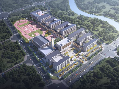 Scenic School Campus Buildings With Greenery River Sports Field And Roads 3d model