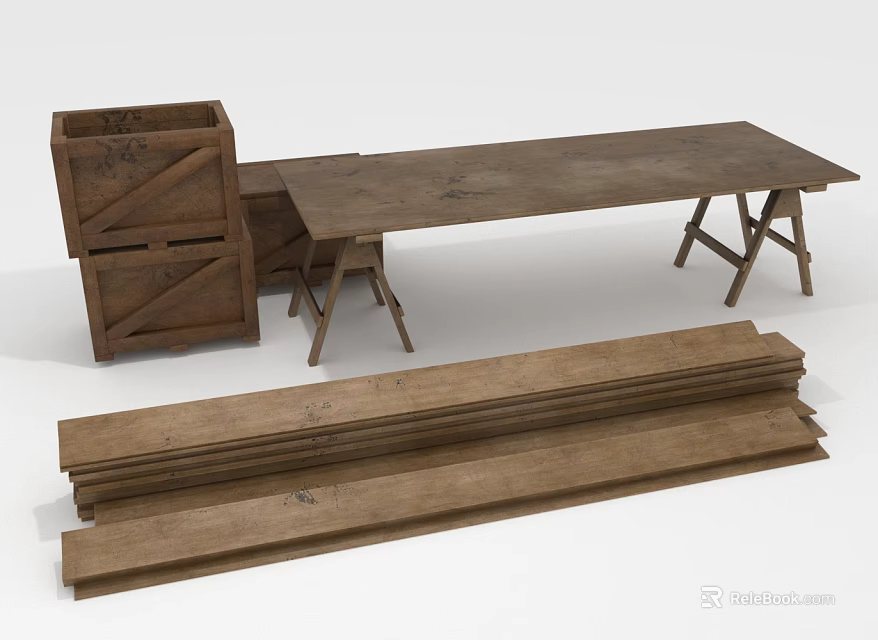 Rustic Wooden Furniture Collection With Stacked Crates Long Table And Planks 3d model 